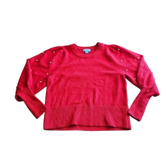 Cece womens Sz S red puff Sleeves pearls embellished sweater - Picture 2 of 8